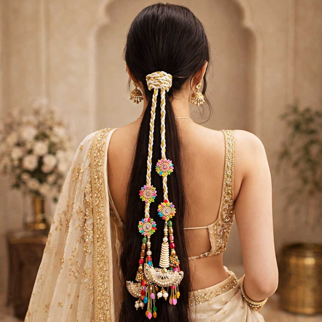 Suwasna Pastel Color Parandi with Pearl & Mirror Tassels | Traditional Wedding Hair Accessory_1
