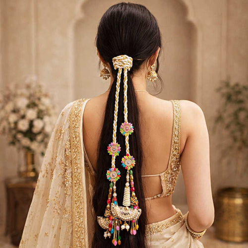 Suwasna Pastel Color Parandi with Pearl & Mirror Tassels | Traditional Wedding Hair Accessory_1