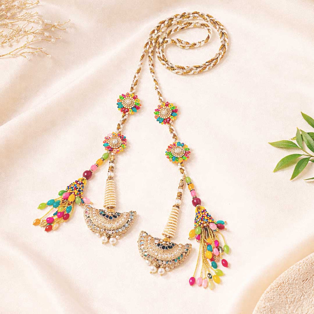 Suwasna Pastel Color Parandi with Pearl & Mirror Tassels | Traditional Wedding Hair Accessory_2