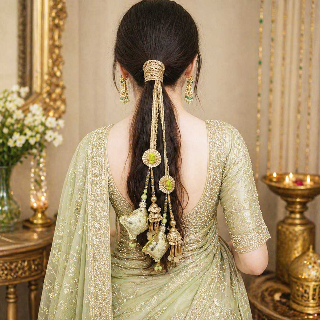Suwasna Pista Green Royal Gota Patti Parandi with Jarkan Tassels | Bridal & Festive Hair Accessory_1