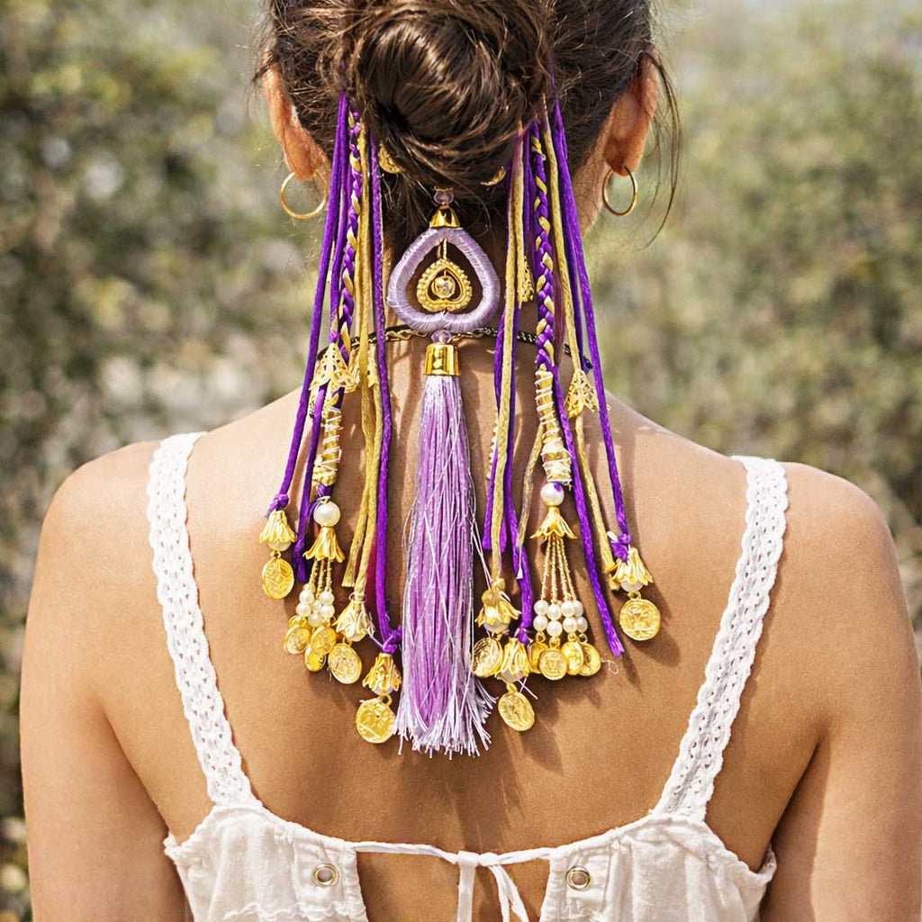 Suwasna Purple Boho Hair Tie with Tassels, Coins & Pearl Accents | Ethnic Hair Accessory for Women_1