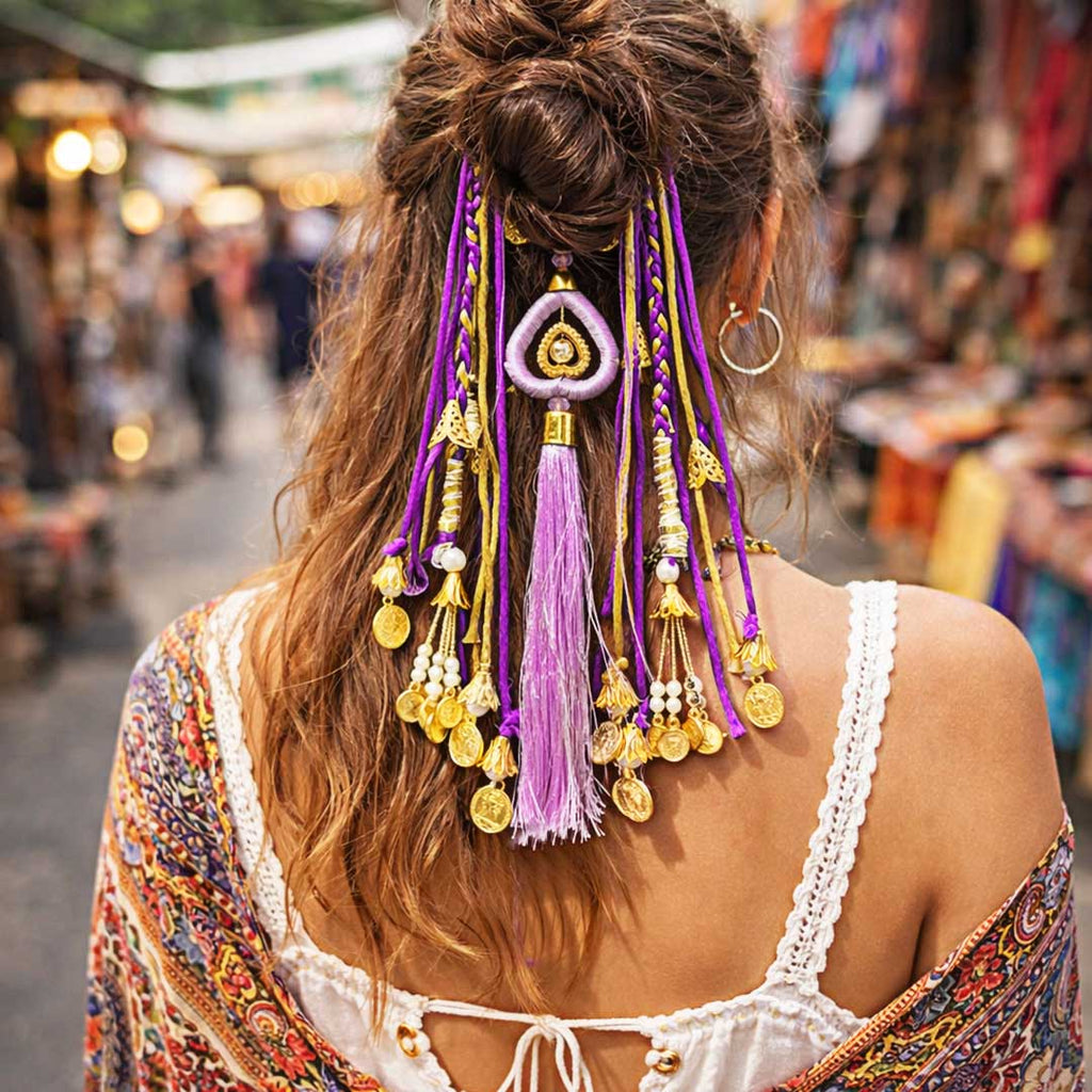 Suwasna Purple Boho Hair Tie with Tassels, Coins & Pearl Accents | Ethnic Hair Accessory for Women_2