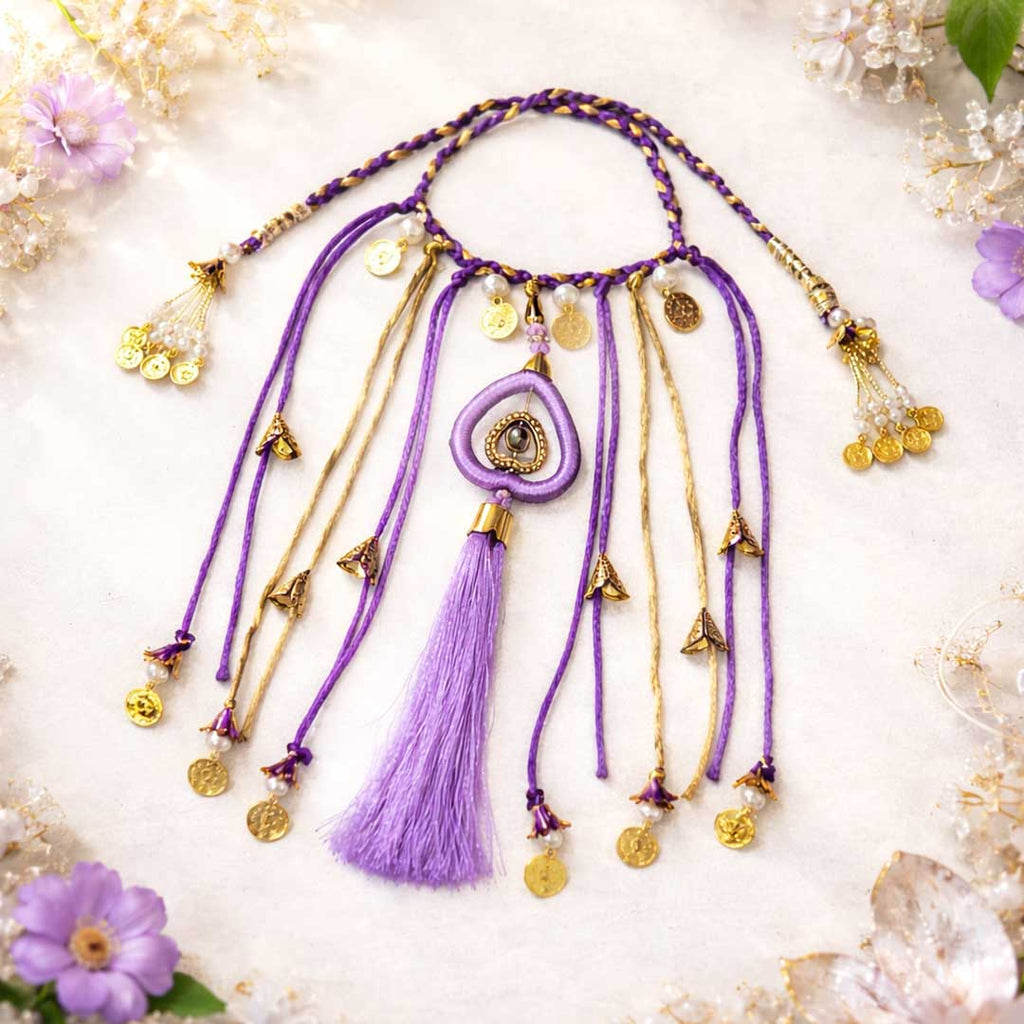 Suwasna Purple Boho Hair Tie with Tassels, Coins & Pearl Accents | Ethnic Hair Accessory for Women_3