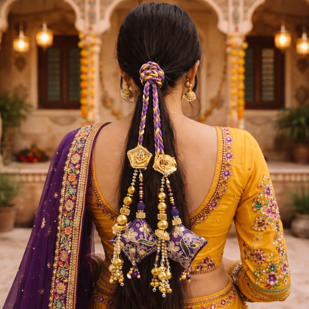 Suwasna Purple Royal Gota Patti & Jarkan Tassel Parandi | Bridal & Festive Hair Accessory