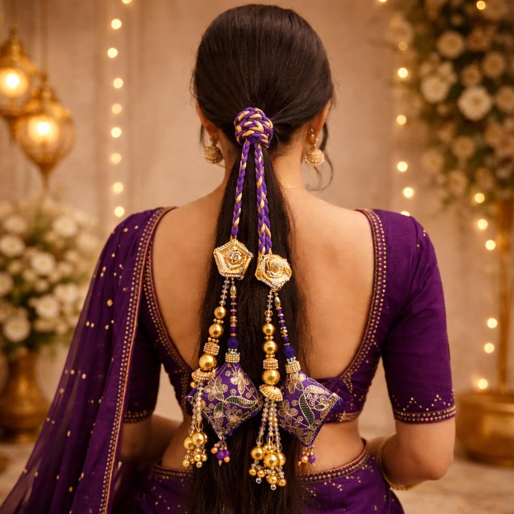 Suwasna Purple Royal Gota Patti & Jarkan Tassel Parandi | Bridal & Festive Hair Accessory A