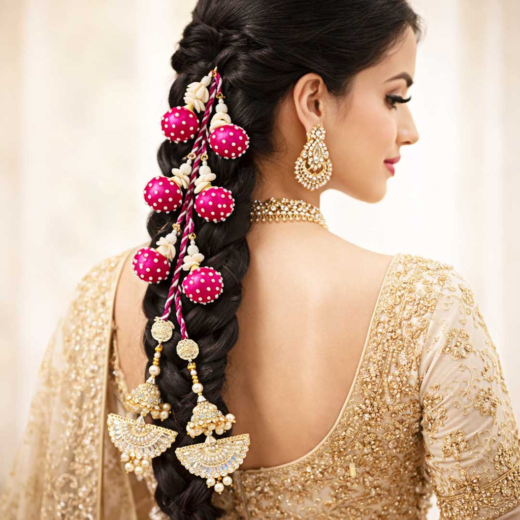 Suwasna Rani Pink Beaded Tassel Parandi with Pearl & Kundan Accents | Traditional Hair Accessory_1