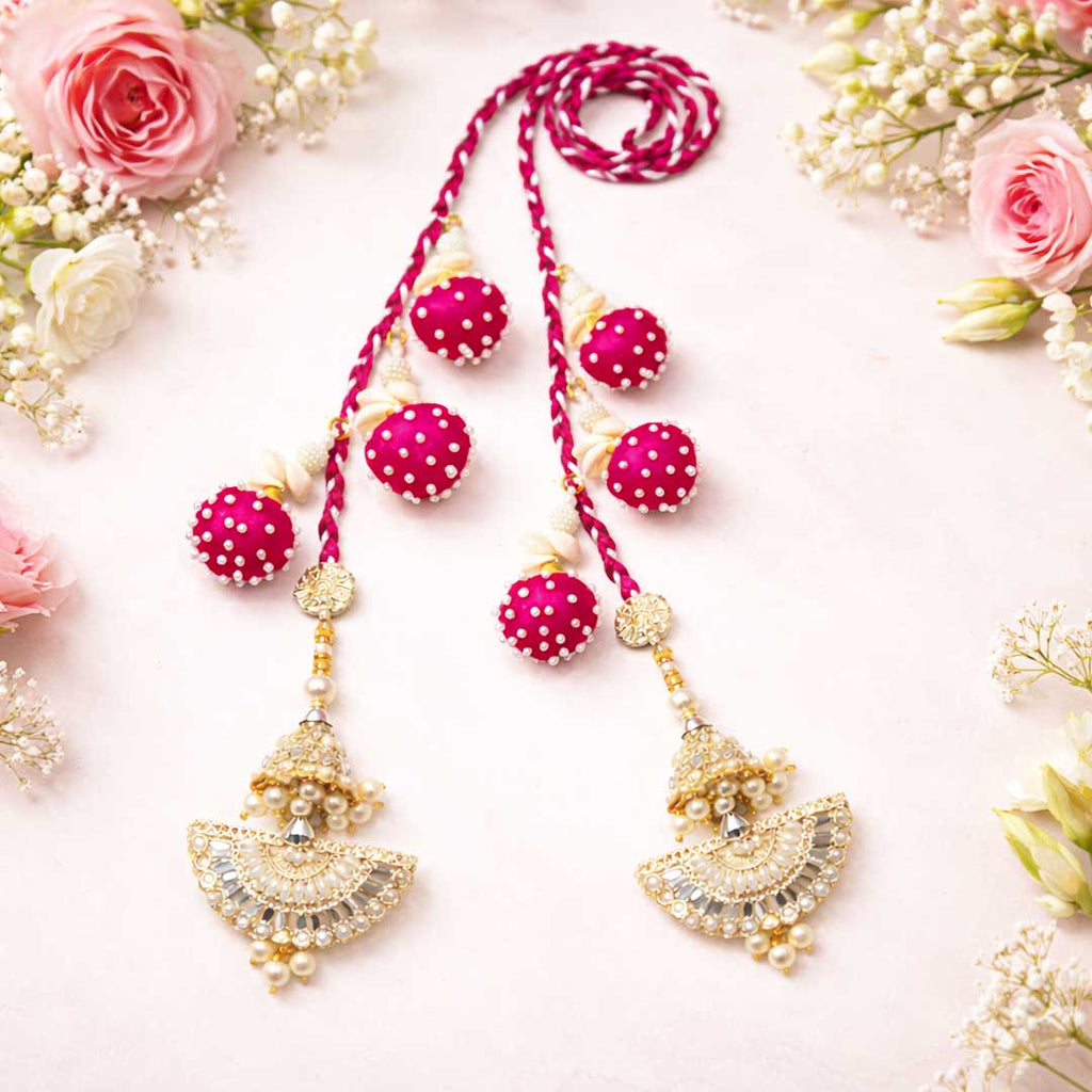 Suwasna Rani Pink Beaded Tassel Parandi with Pearl & Kundan Accents | Traditional Hair Accessory_2