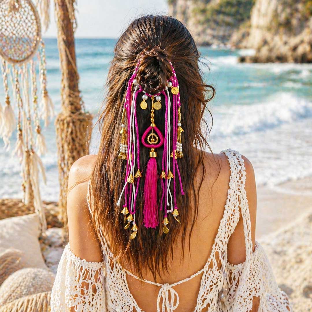 Suwasna Rani Pink Boho Hair Tie with Thread Tassels, Braids & Coin Charms | Ethnic Hair Accessory for Women_1