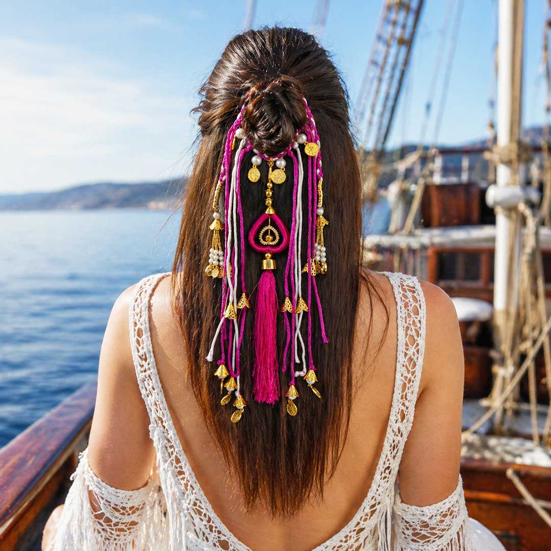 Suwasna Rani Pink Boho Hair Tie with Thread Tassels, Braids & Coin Charms | Ethnic Hair Accessory for Women_2