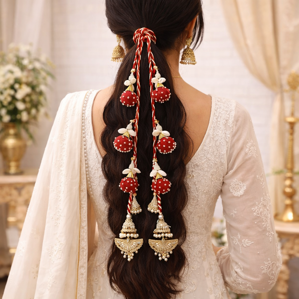 Suwasna Red Beaded Tassel Parandi with Pearl & Kundan Accents | Traditional Hair Accessory