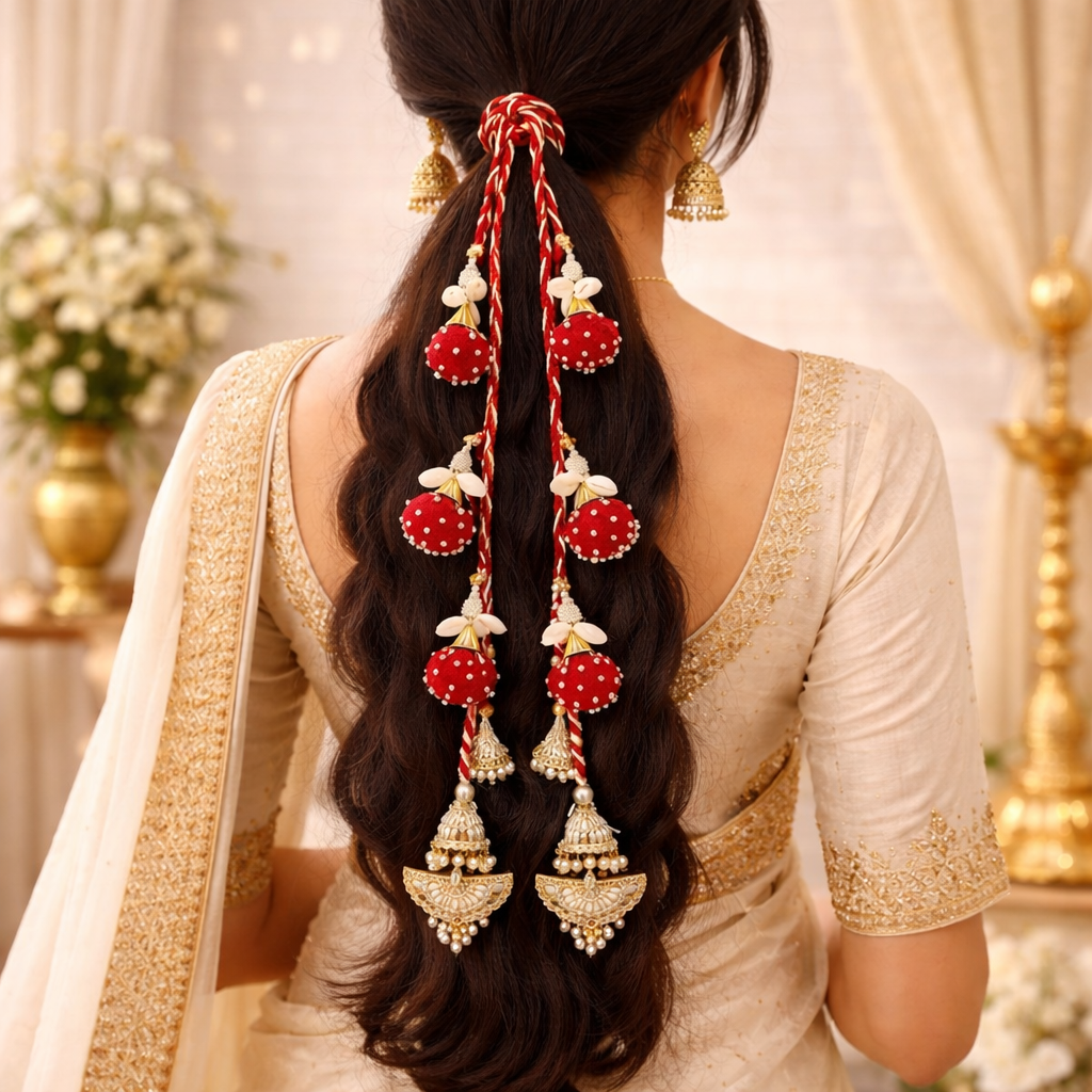 Suwasna Red Beaded Tassel Parandi with Pearl & Kundan Accents | Traditional Hair Accessory