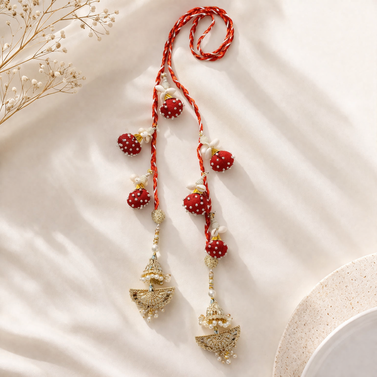 Suwasna Red Beaded Tassel Parandi with Pearl & Kundan Accents | Traditional Hair Accessory