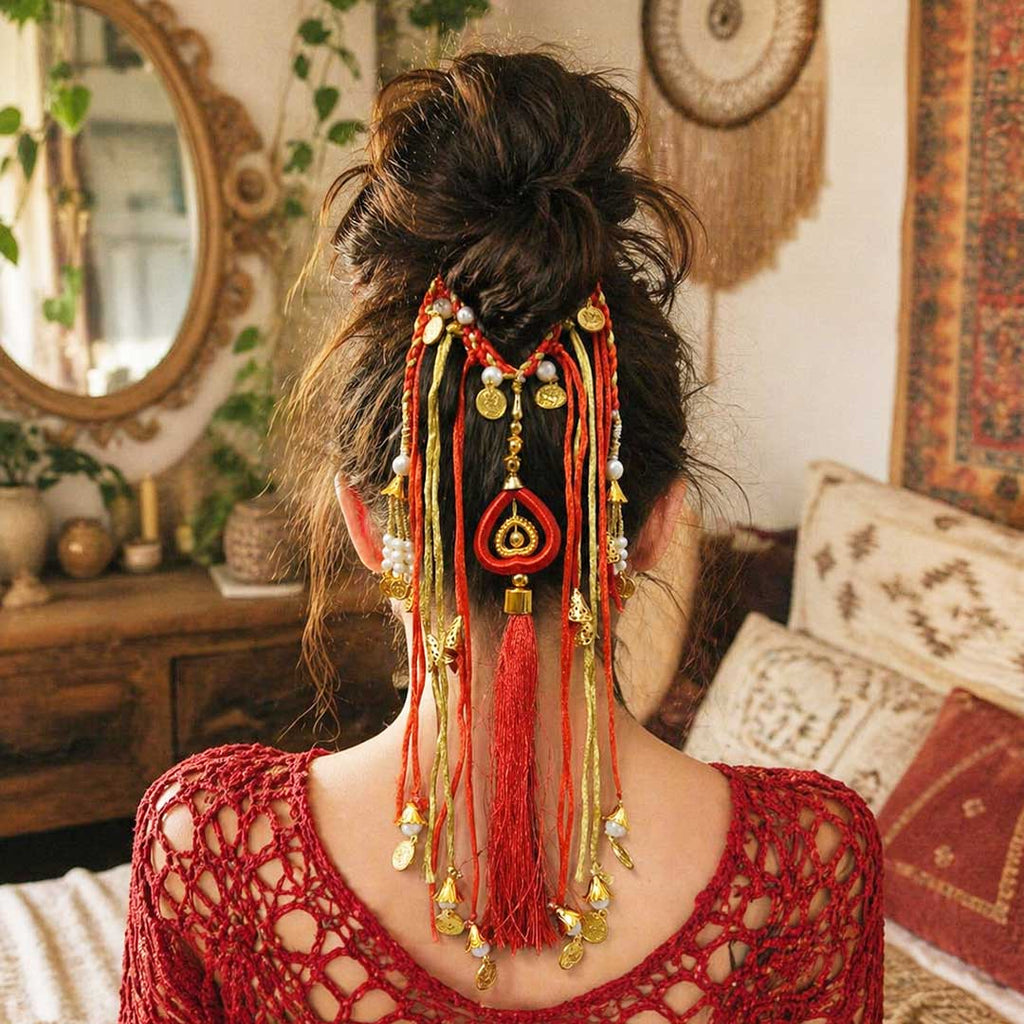 Suwasna Red Boho Hair Tie with Thread Tassels, Braids & Coin Charms | Ethnic Hair Accessory for Women_1