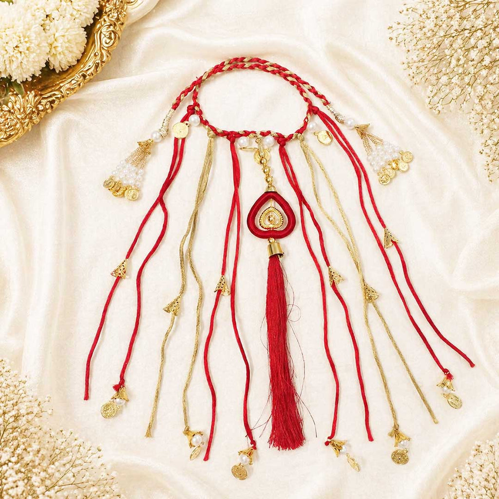 Suwasna Red Boho Hair Tie with Thread Tassels, Braids & Coin Charms | Ethnic Hair Accessory for Women_2