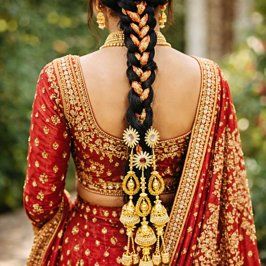 Suwasna Red & Gold Braided Parandi with Jhumka Tassels | Bridal Hair Accessory for Women