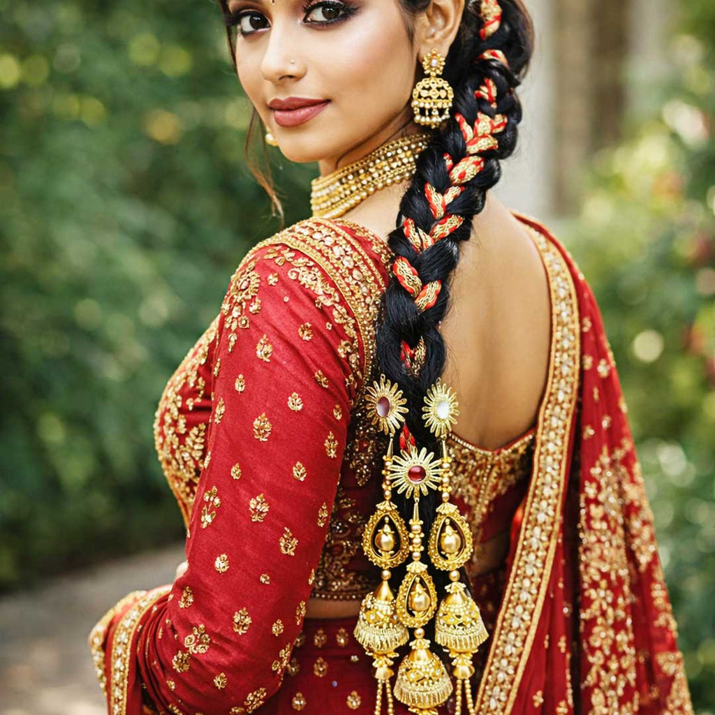 Suwasna Red & Gold Braided Parandi with Jhumka Tassels | Bridal Hair Accessory for Women