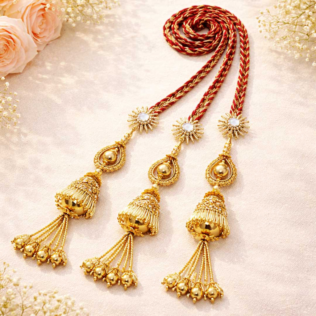 Suwasna Red & Gold Braided Parandi with Jhumka Tassels | Bridal Hair Accessory for Women