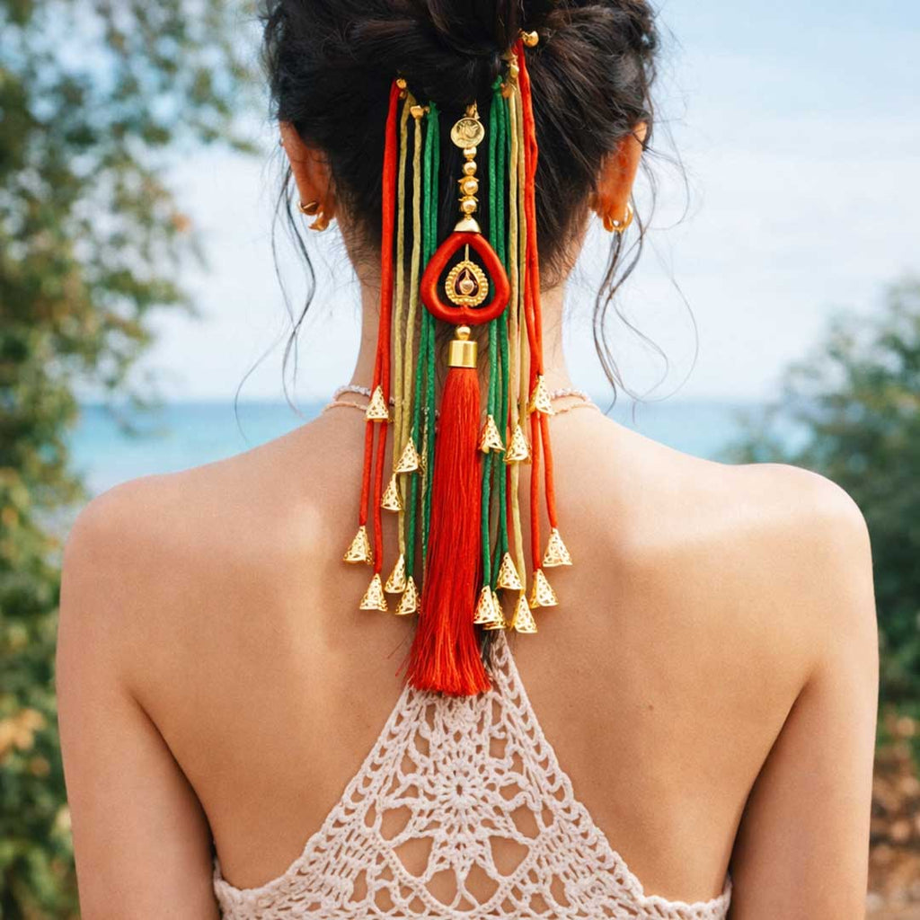 Suwasna Red & Green Boho Hair Tie with Thread Tassels Braids & Coin Charms | Ethnic Hair Accessory for Women_1