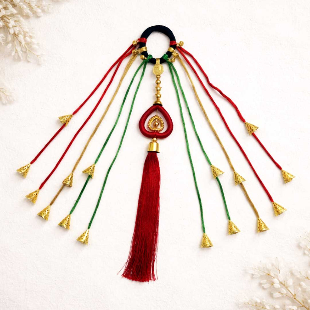 Suwasna Red & Green Boho Hair Tie with Thread Tassels Braids & Coin Charms | Ethnic Hair Accessory for Women_3