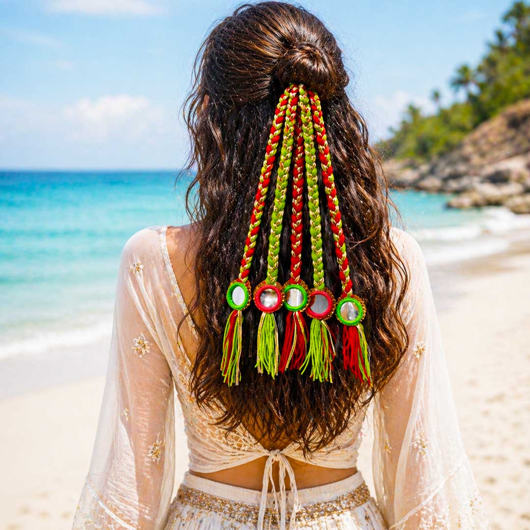 Suwasna Red & Green Braided Tassel Hair Tie with Mirror Charms | Festival & Beach Hair Accessory for Women_1