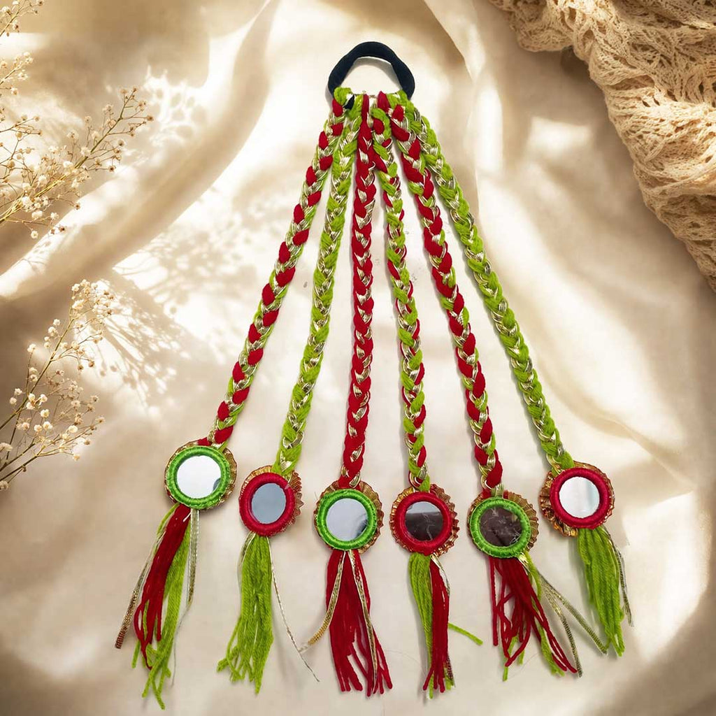 Suwasna Red & Green Braided Tassel Hair Tie with Mirror Charms | Festival & Beach Hair Accessory for Women_2