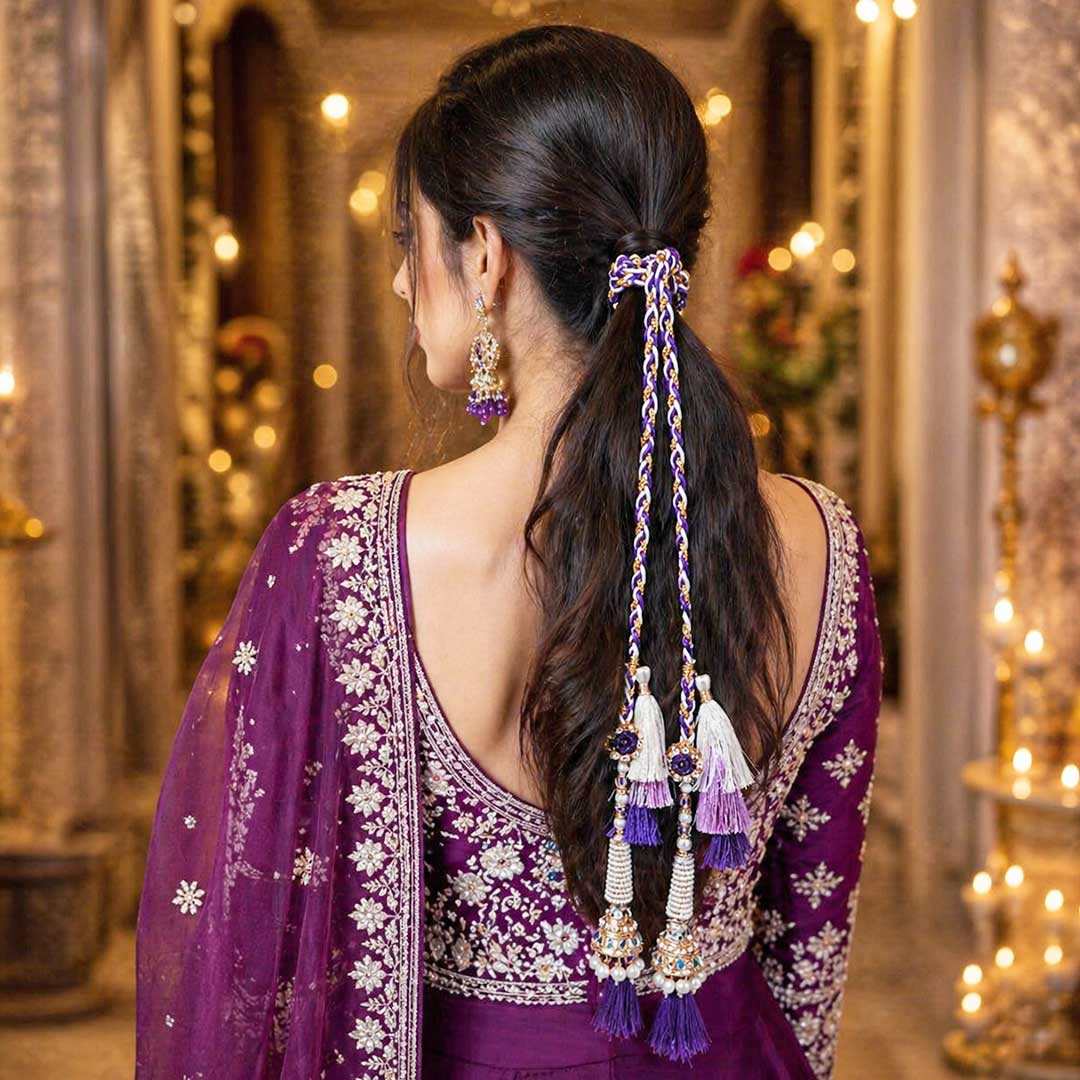 Suwasna Royal Blue Braided Parandi with Pearl Jhumka Tassels | Bridal & Festive Hair Accessory_1