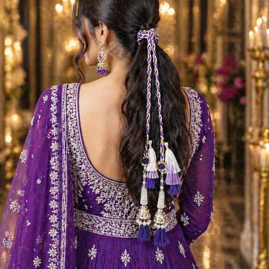 Suwasna Royal Blue Braided Parandi with Pearl Jhumka Tassels | Bridal & Festive Hair Accessory_3