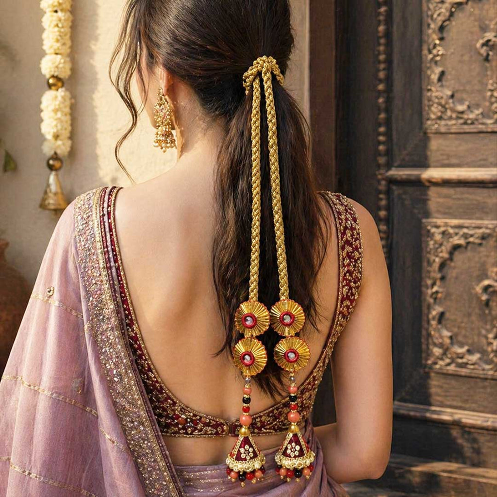 Suwasna Rust & Maroon Braided Parandi with Sunburst Motifs & Jhumka Tassels | Bridal & Festive Hair Accessory_1