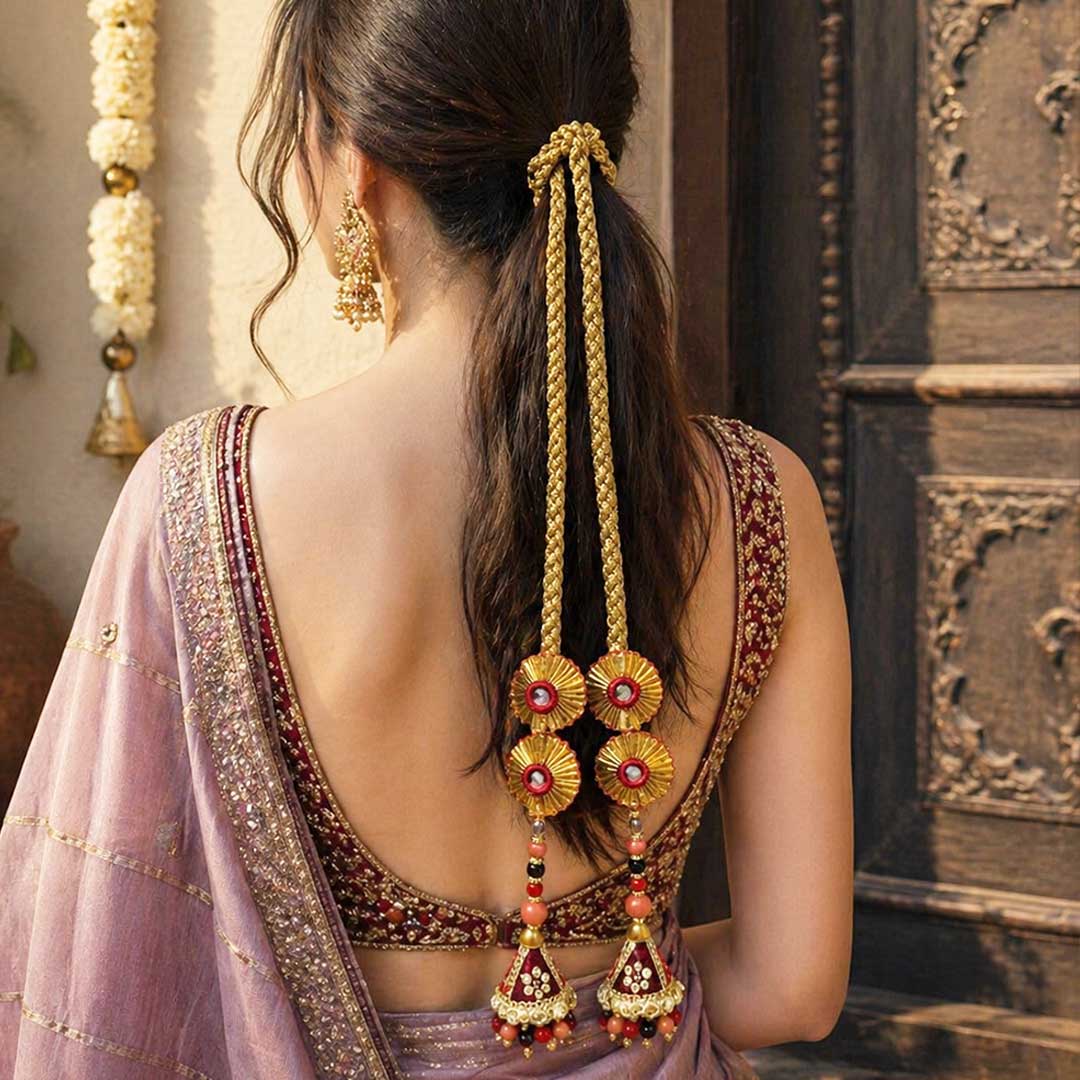 Suwasna Rust & Maroon Braided Parandi with Sunburst Motifs & Jhumka Tassels | Bridal & Festive Hair Accessory_1