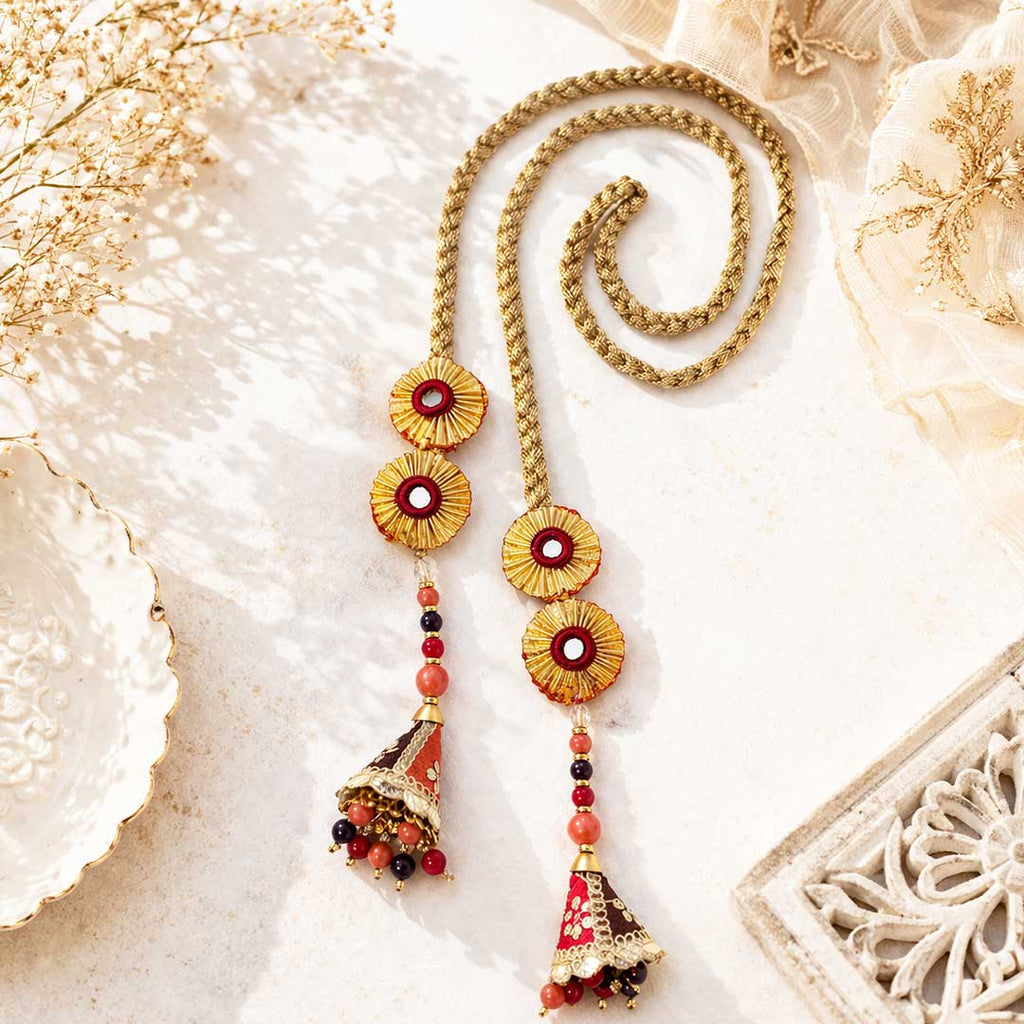 Suwasna Rust & Maroon Braided Parandi with Sunburst Motifs & Jhumka Tassels | Bridal & Festive Hair Accessory_2