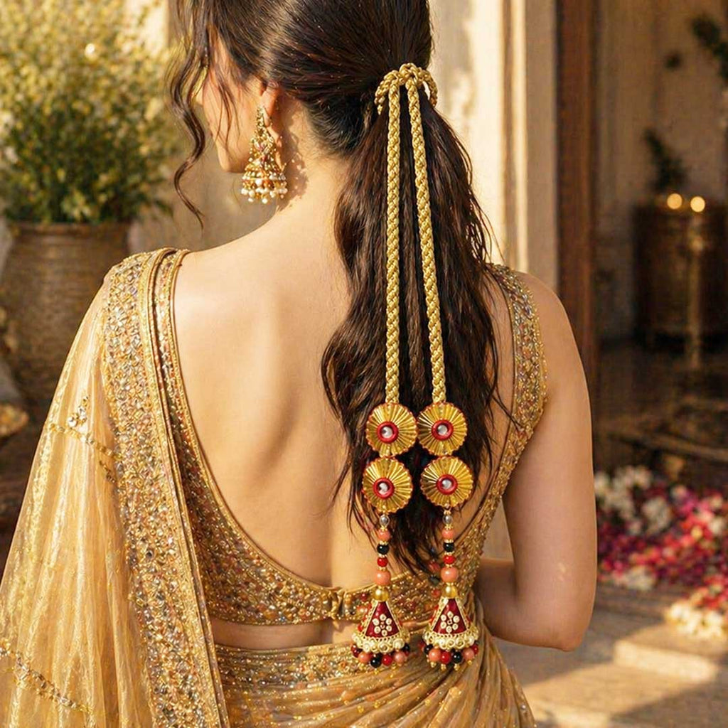 Suwasna Rust & Maroon Braided Parandi with Sunburst Motifs & Jhumka Tassels | Bridal & Festive Hair Accessory_3