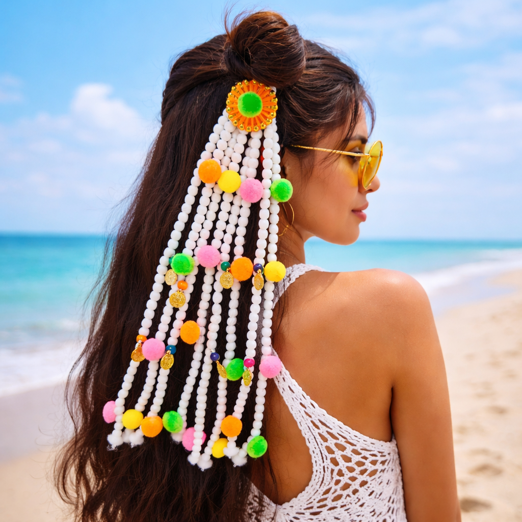 Suwasna White Boho Style Tassel Hair Tie With Neon Colours Pom Pom | Festival, Garba & Casual Hair Accessory Design