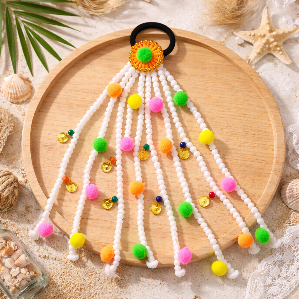 Suwasna White Boho Style Tassel Hair Tie With Neon Colours Pom Pom | Festival, Garba & Casual Hair Accessory Design