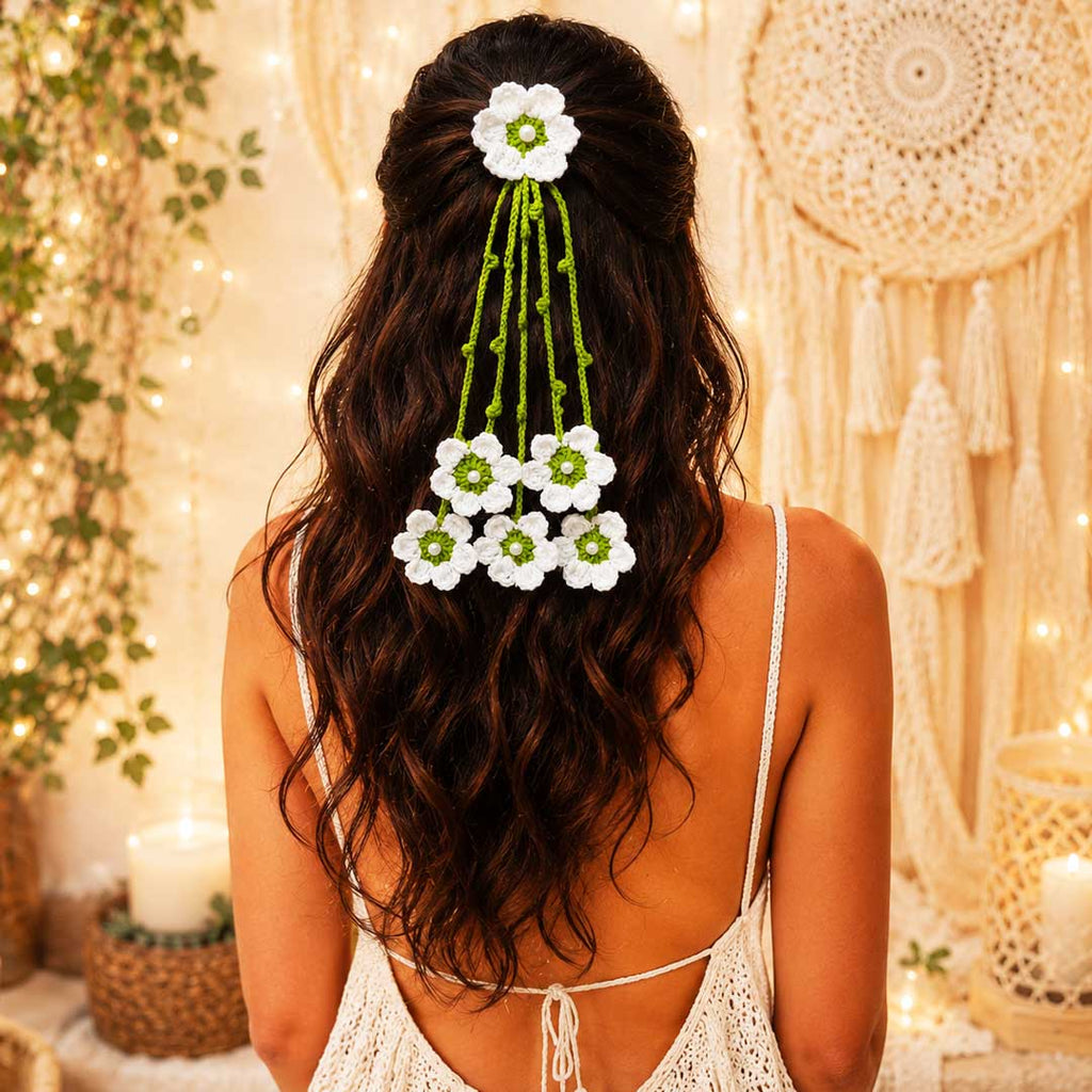 Suwasna White Lily Guldasta Crochet Hair Tie | Elegant Hair Accessory for Daily Use, Picnics & Beach Styling for Women_1