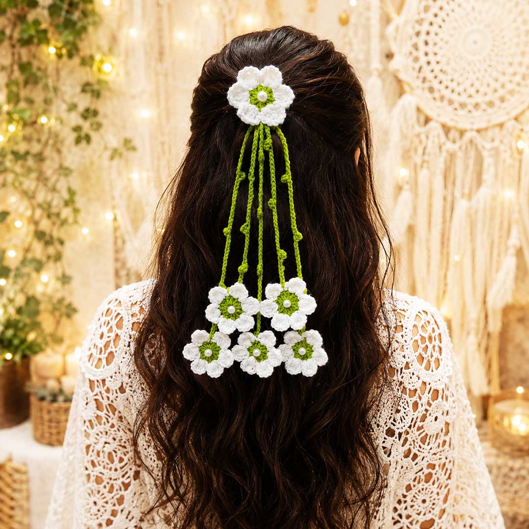 Suwasna White Lily Guldasta Crochet Hair Tie | Elegant Hair Accessory for Daily Use, Picnics & Beach Styling for Women_2