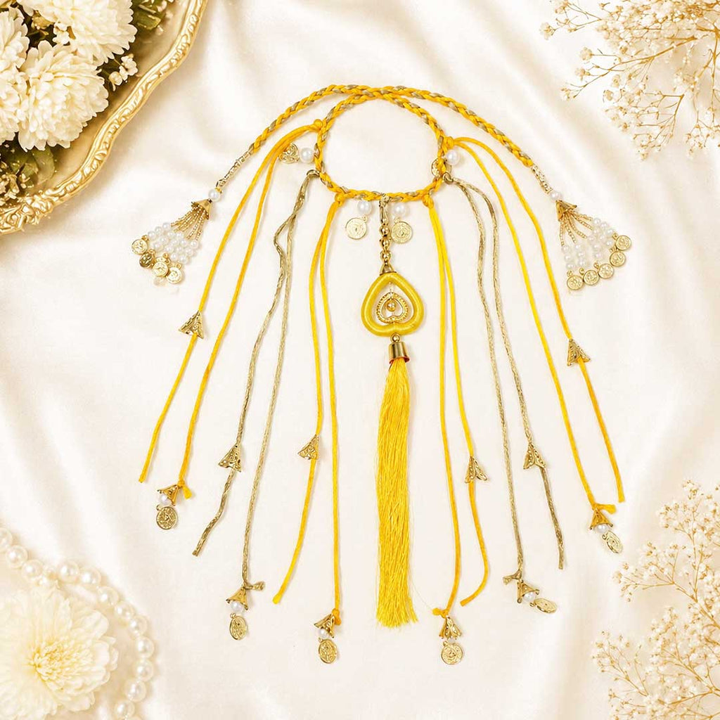 Suwasna Yellow Boho Hair Tie with Thread Tassels, Braids & Coin Charms | Ethnic Hair Accessory for Women_2