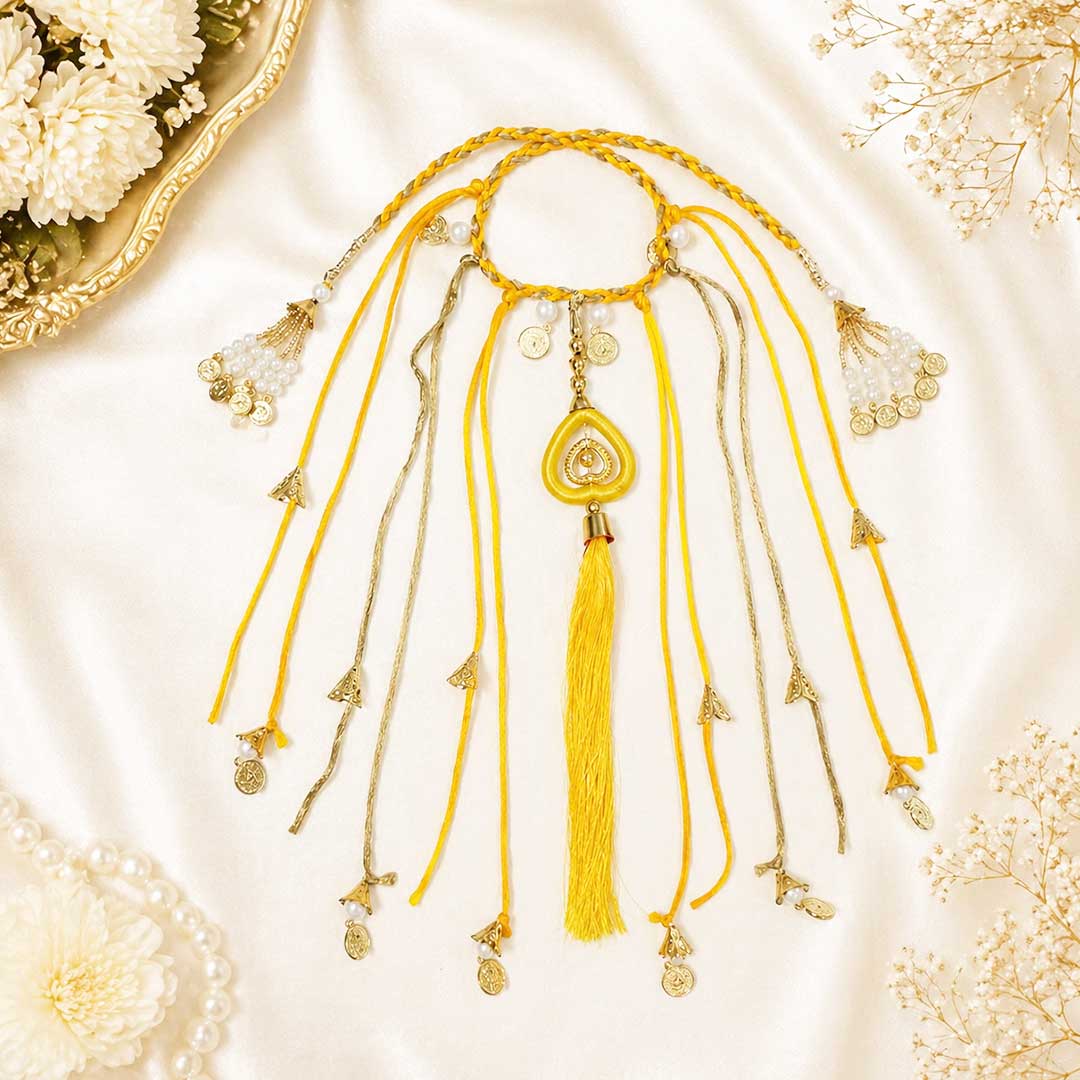 Suwasna Yellow Boho Hair Tie with Thread Tassels, Braids & Coin Charms | Ethnic Hair Accessory for Women_2
