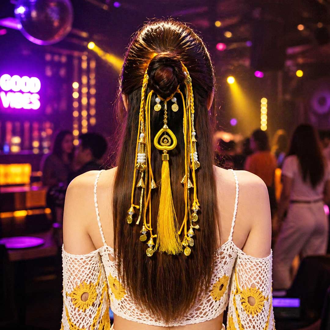 Suwasna Yellow Boho Hair Tie with Thread Tassels, Braids & Coin Charms | Ethnic Hair Accessory for Women_3