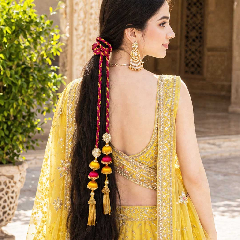 Suwasna Yellow & Pink Color Jhumka Tassel Parandi | Elegant Festive & Wedding Hair Accessory_1