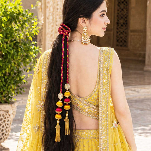 Suwasna Yellow & Pink Color Jhumka Tassel Parandi | Elegant Festive & Wedding Hair Accessory_1