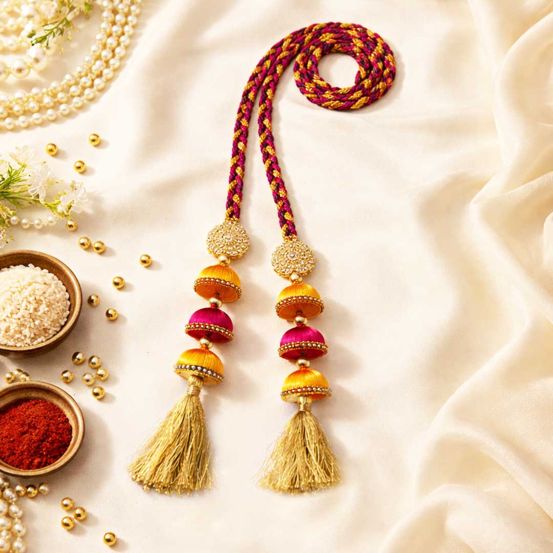 Suwasna Yellow & Pink Color Jhumka Tassel Parandi | Elegant Festive & Wedding Hair Accessory_2
