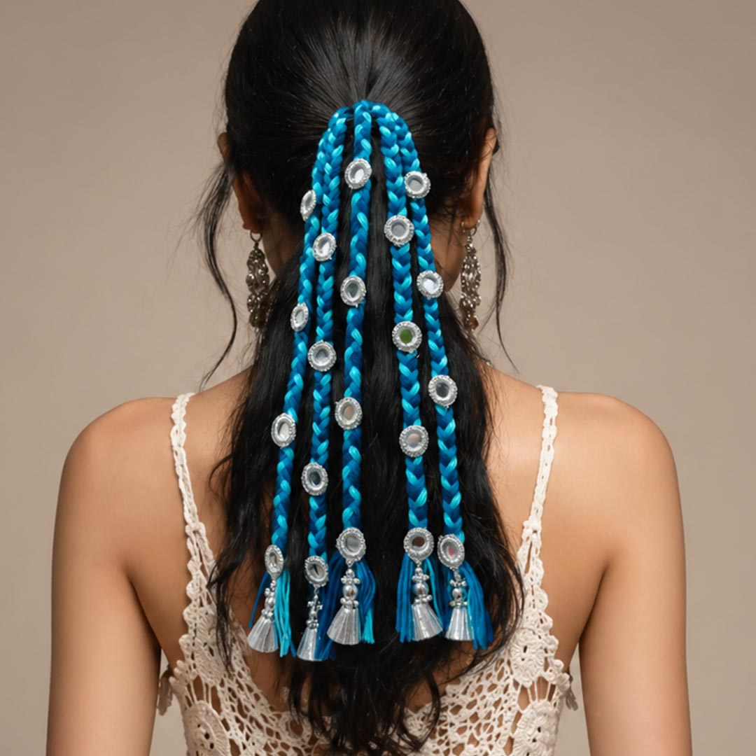 Suwasna Blue Boho Style Tassel Hair Tie With Silver Cone, Silver Mirror | Festival, Garba & Casual Hair Accessory Design