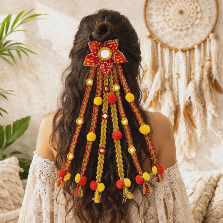 Suwasna Red & Yellow Boho Style Tassel Hair Tie with Real Glass Mirror and Pom Pom  Festival, Garba & Casual Hair Accessory Design