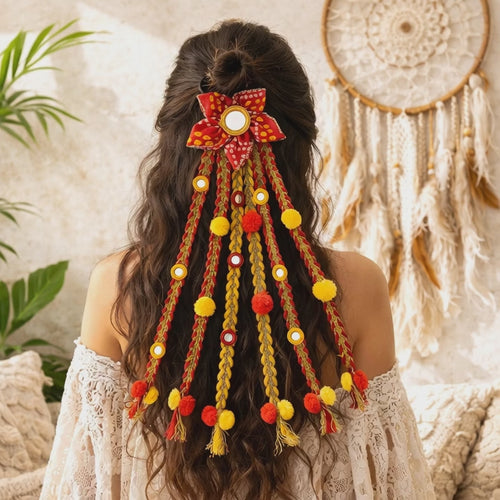 Suwasna Red & Yellow Boho Style Tassel Hair Tie with Real Glass Mirror and Pom Pom  Festival, Garba & Casual Hair Accessory Design