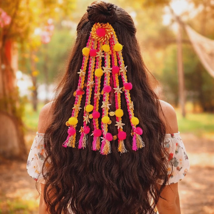 Suwasna Pink & Yellow Boho Pom-Pom Tassel Hair Tie with Gold Flower Charms | Festival, Garba & Casual Hair Accessory Design 12