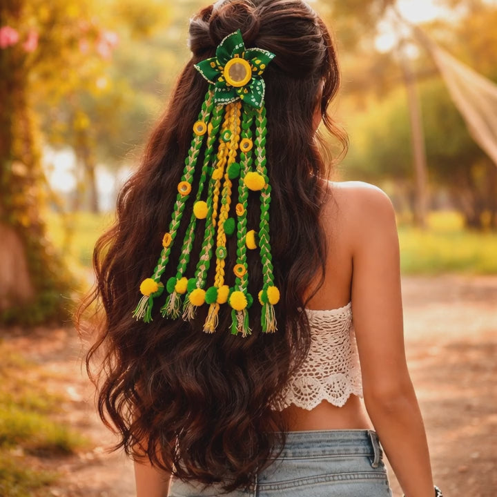 Suwasna Green & Yellow Boho Style Tassel Hair Tie with Real Glass Mirror and Pom Pom | Festival, Garba & Casual Hair Accessory Design