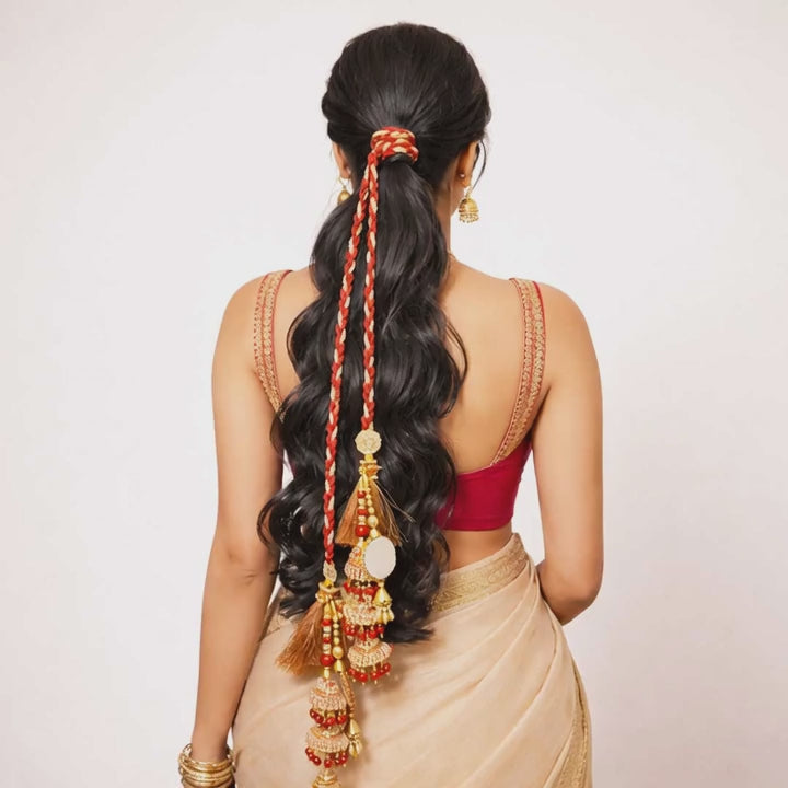 Suwasna Red Cone Parandi with Large Round Mirror Hanging for Women | Ethnic & Traditional Hair Accessory