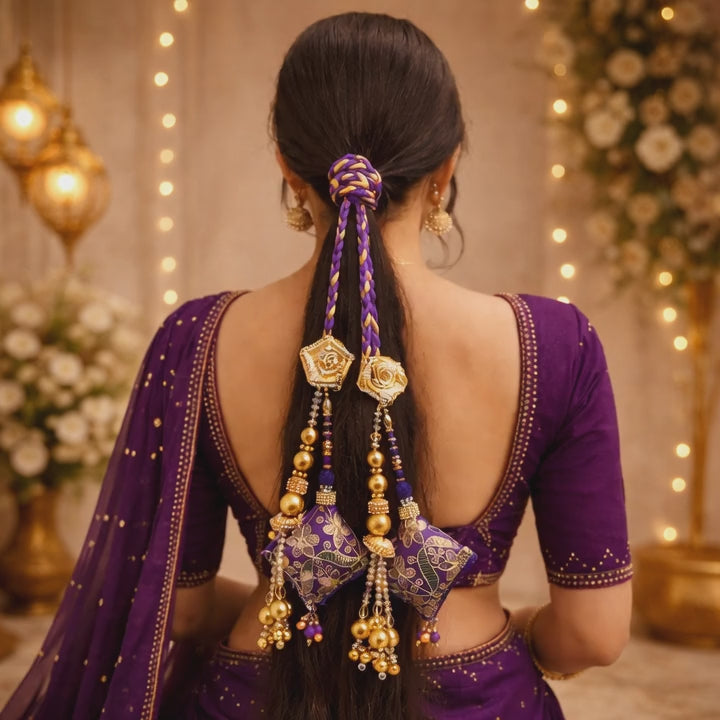 Suwasna Purple Royal Gota Patti & Jarkan Tassel Parandi  Bridal & Festive Hair Accessory