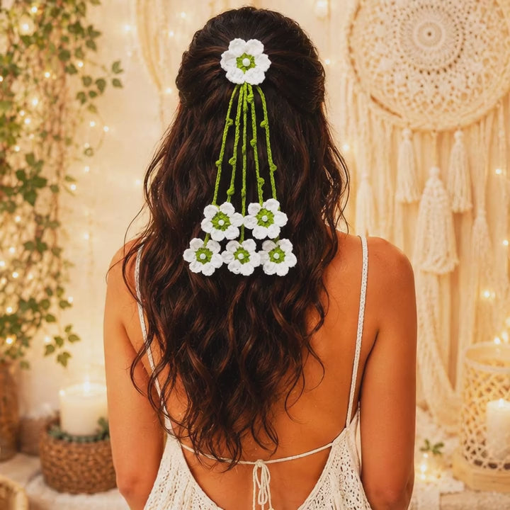 Suwasna White Lily Guldasta Crochet Hair Tie | Elegant Hair Accessory for Daily Use, Picnics & Beach Styling for Women