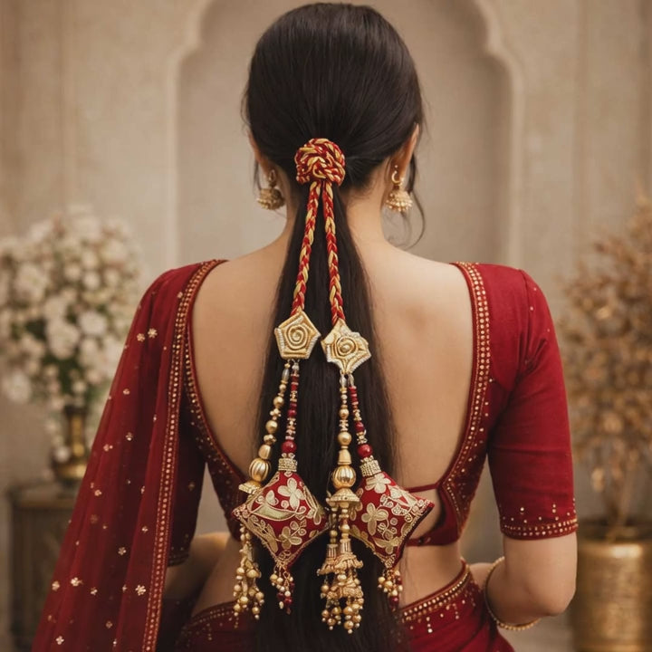 Suwasna Maroon Royal Gota Patti & Jarkan Tassel Parandi | Bridal & Festive Hair Accessory